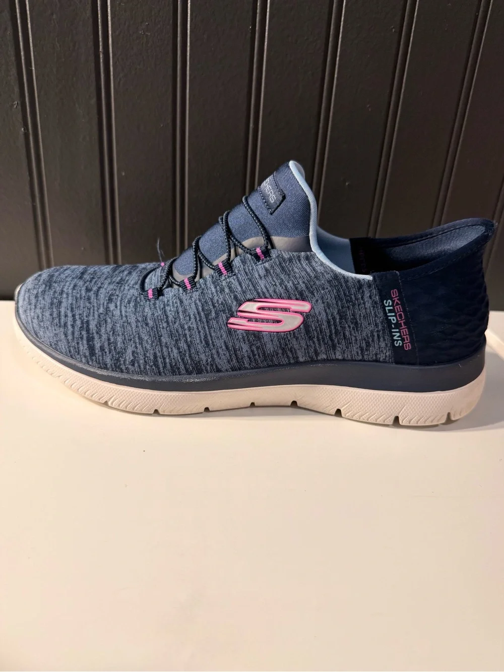 Skechers women’s slip navy -On Athletic Sneakers with Pink Accents